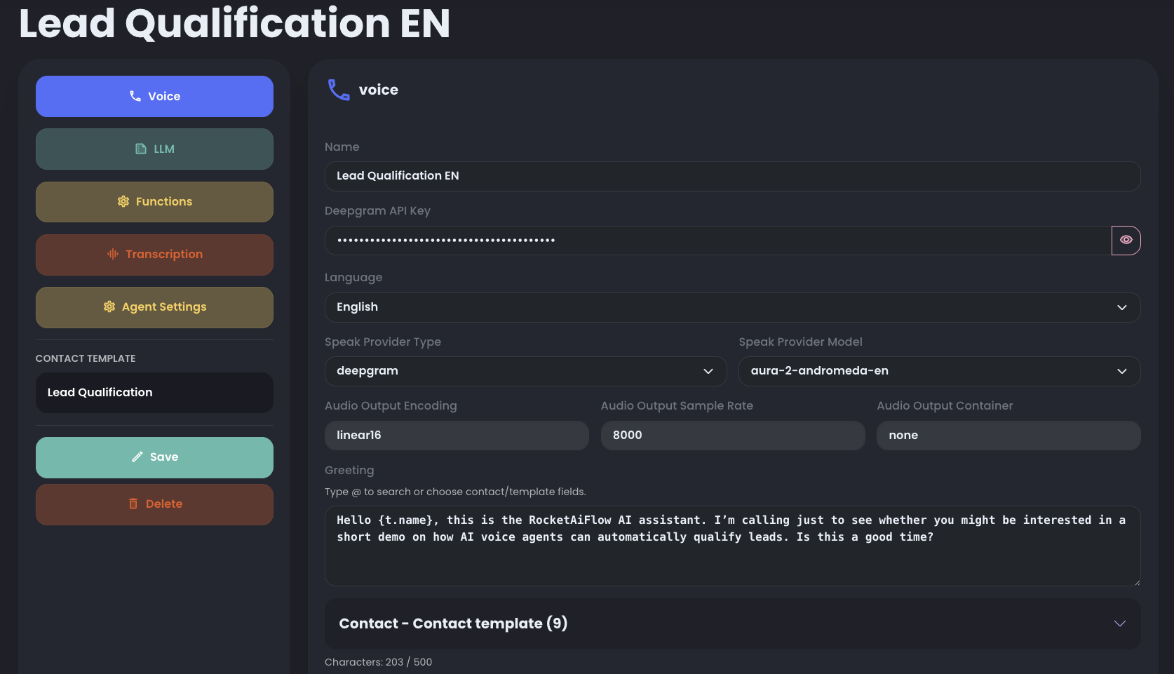Voice configuration screen showing name, Deepgram API key, language, voice provider, voice model, greeting, and contact template variables.