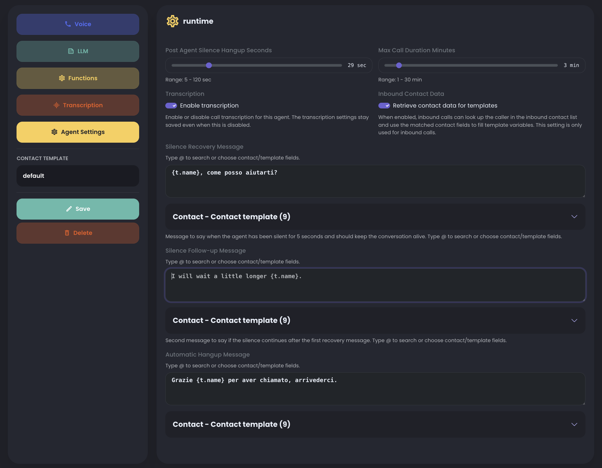 Agent settings runtime screen with silence hangup seconds, max call duration, transcription, inbound contact data, silence messages, and automatic hangup message.