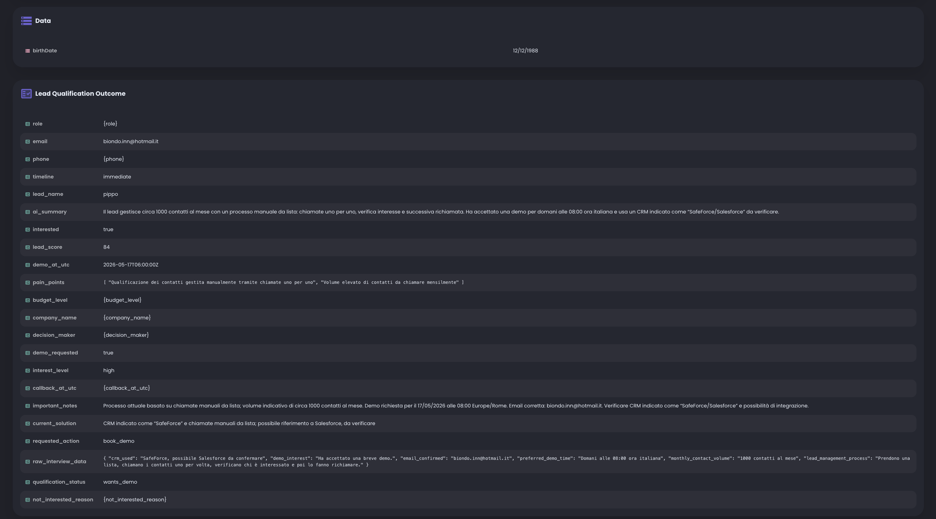 RocketAiFlow call record data section and lead qualification outcome section with custom contact data and structured fields collected by the agent.
