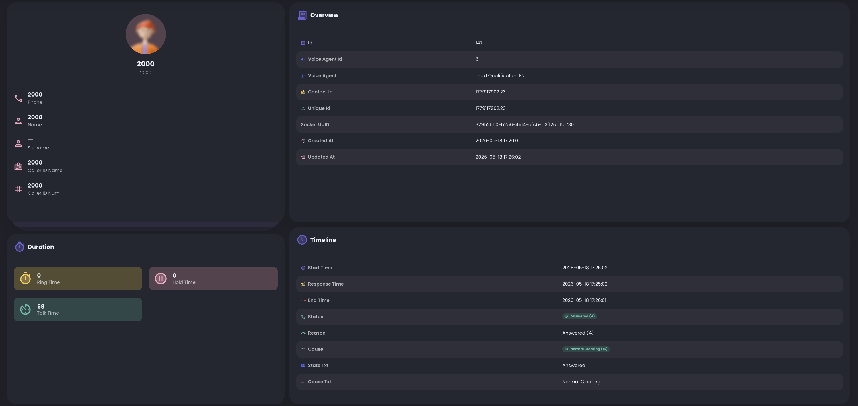 Call record detail showing recording playback and the call transcript.