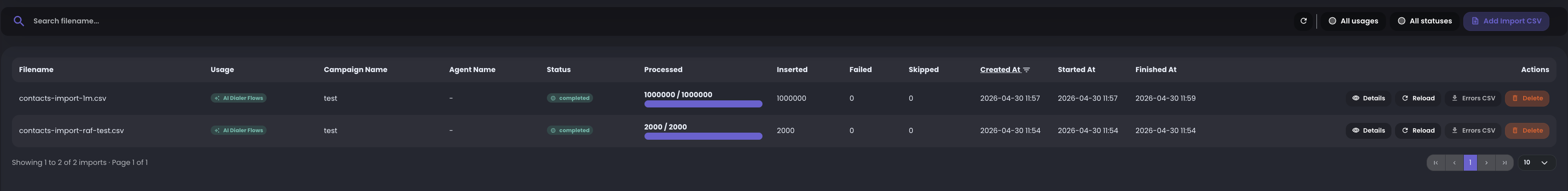 RocketAiFlow uploaded CSV files list with import status and available actions. left side