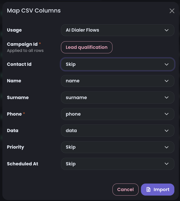 Import Contacts screen showing CSV upload and field mapping for phone, contactId, name, surname, data, priority, and scheduledAt.
