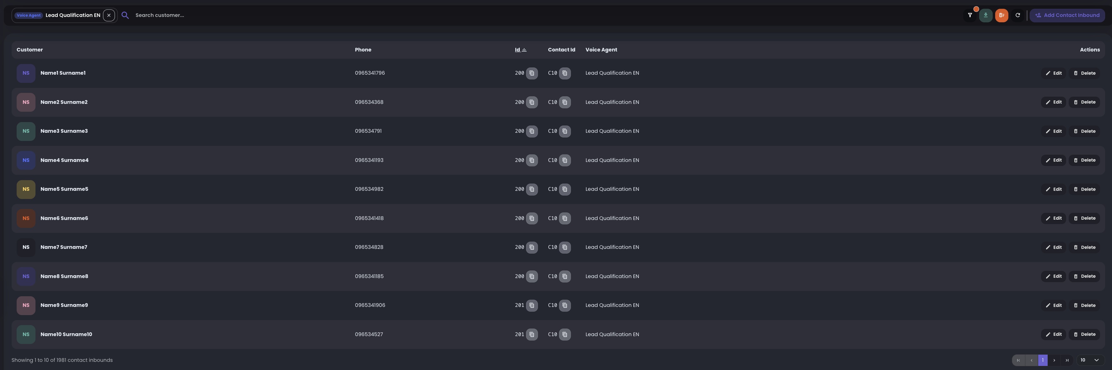Contact Inbounds page showing agent filter, customer search, contact table, edit and delete actions, import and list management buttons.