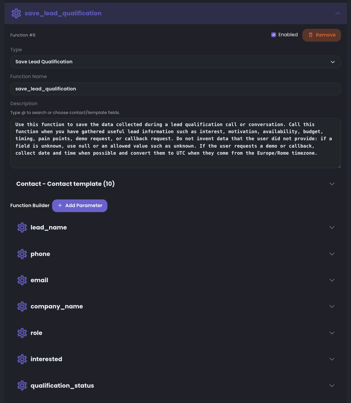 save_lead_qualification preconfigured function showing editable lead qualification parameters such as lead_name, phone, email, company_name, role, interested, and qualification_status.