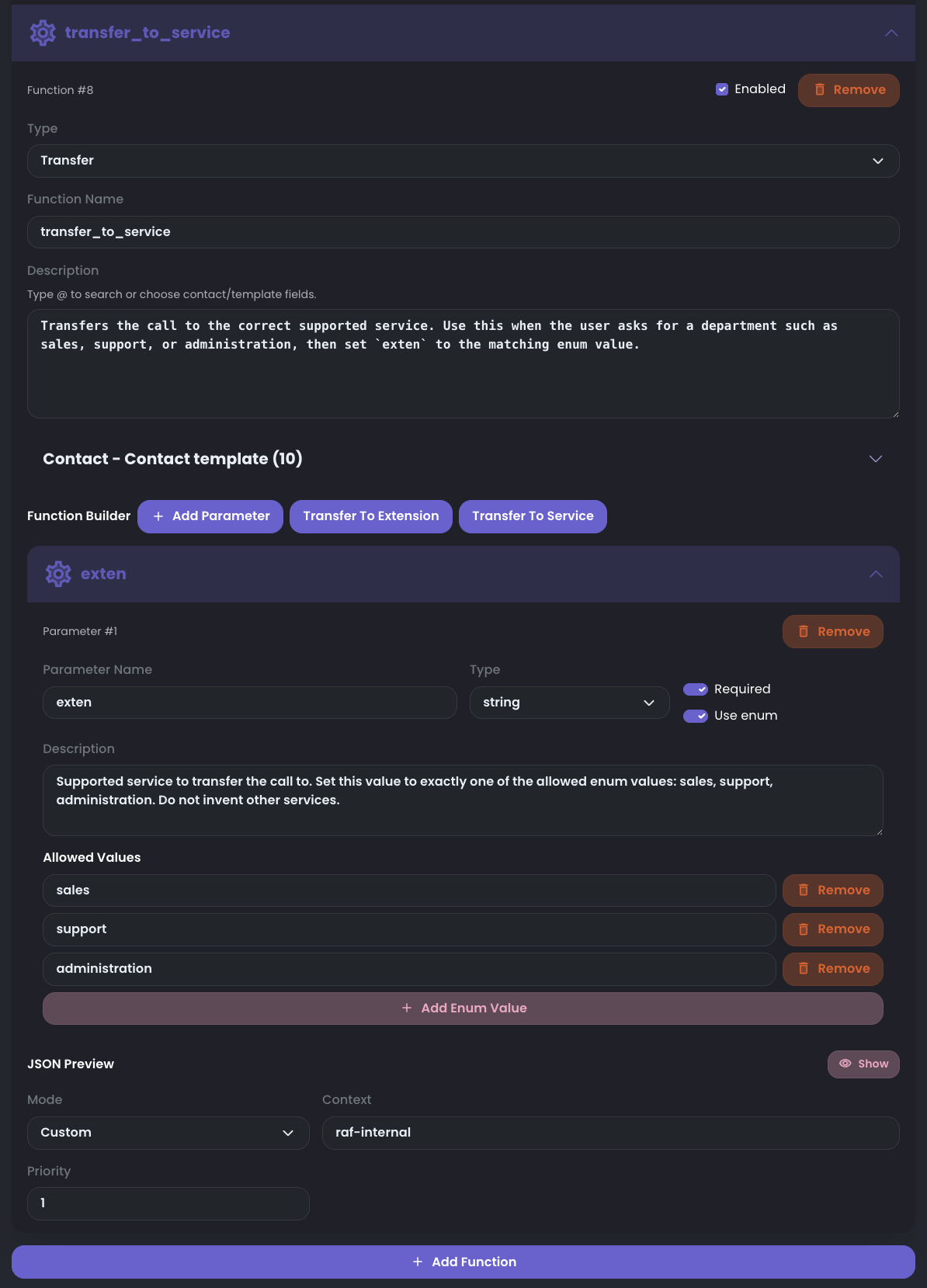 Transfer To Service preset showing transfer_to_service, required exten enum, supported values sales support administration, custom mode, raf-internal context, and priority 1.