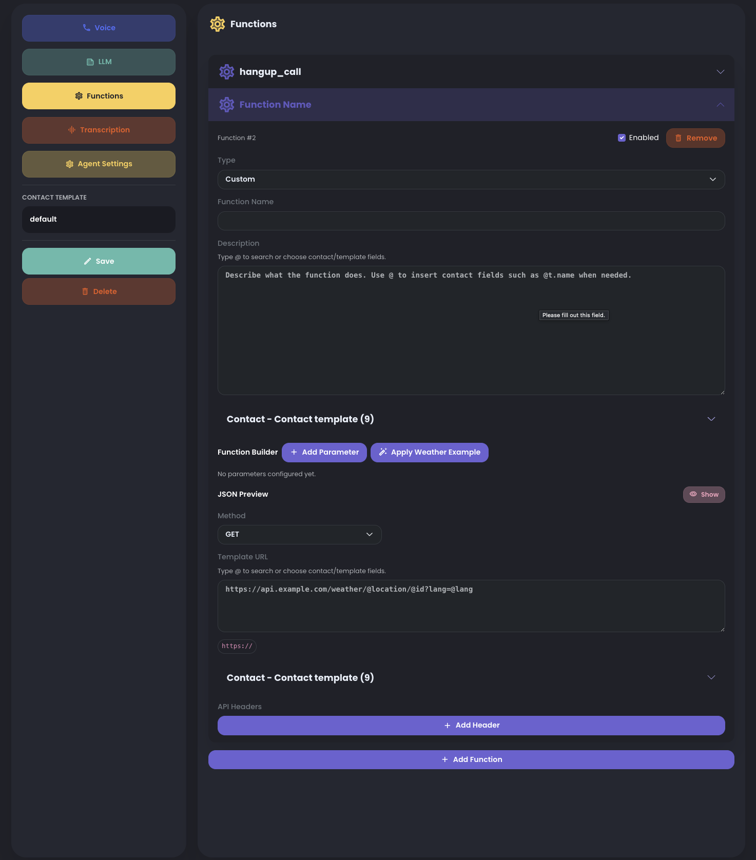 Custom endpoint function builder showing method, URL, headers, body, and parameter configuration.