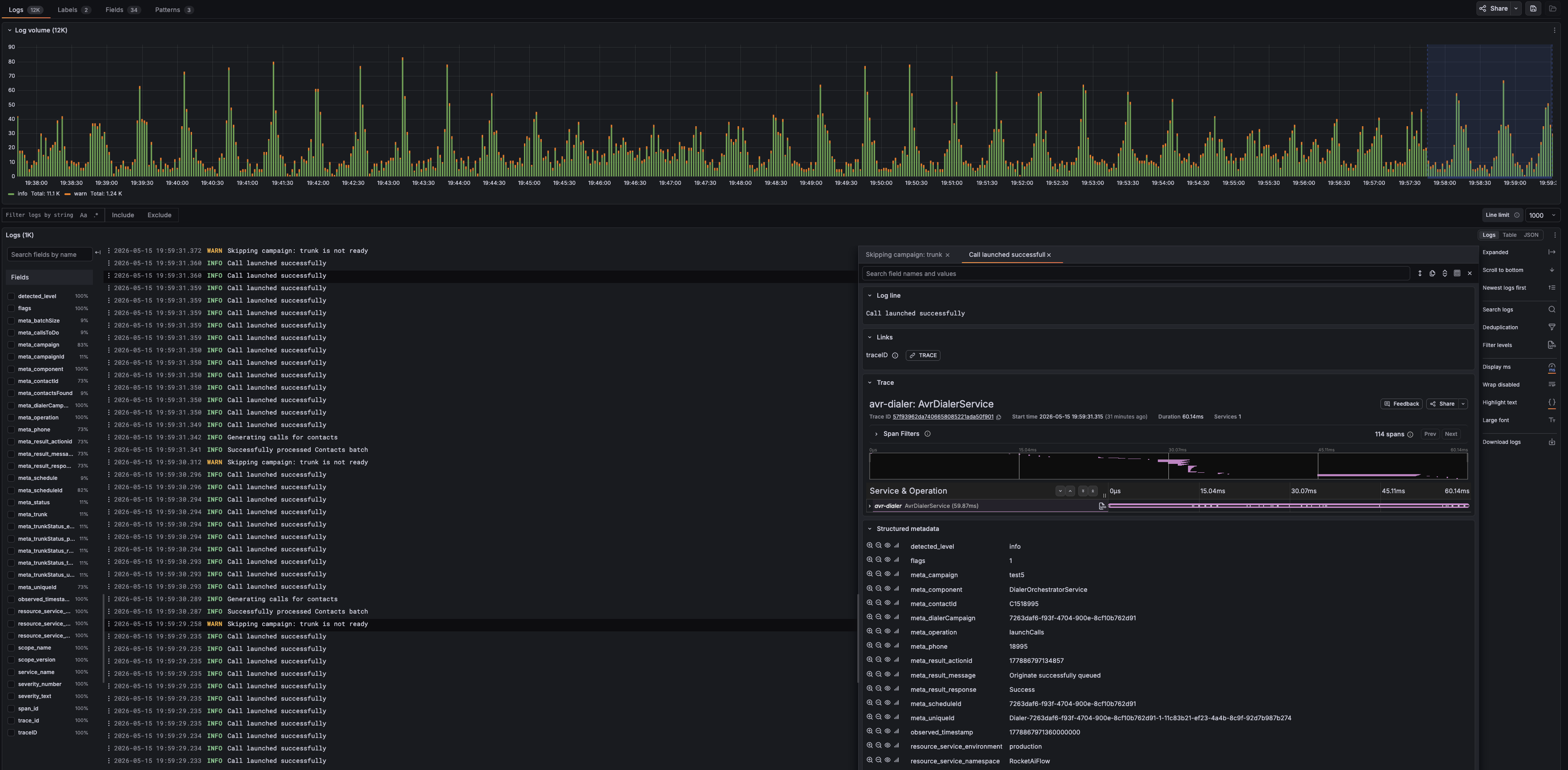 Grafana Drilldown logs view showing log volume, searchable log events, structured fields, and a linked trace.