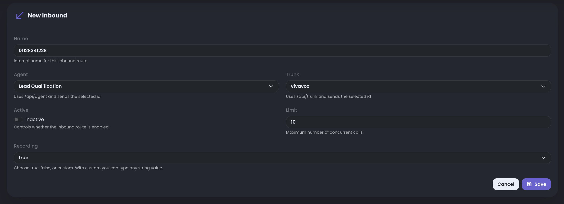 Inbound routing screen showing the phone number, selected agent, trunk, active switch, concurrency limit, and recording setting.