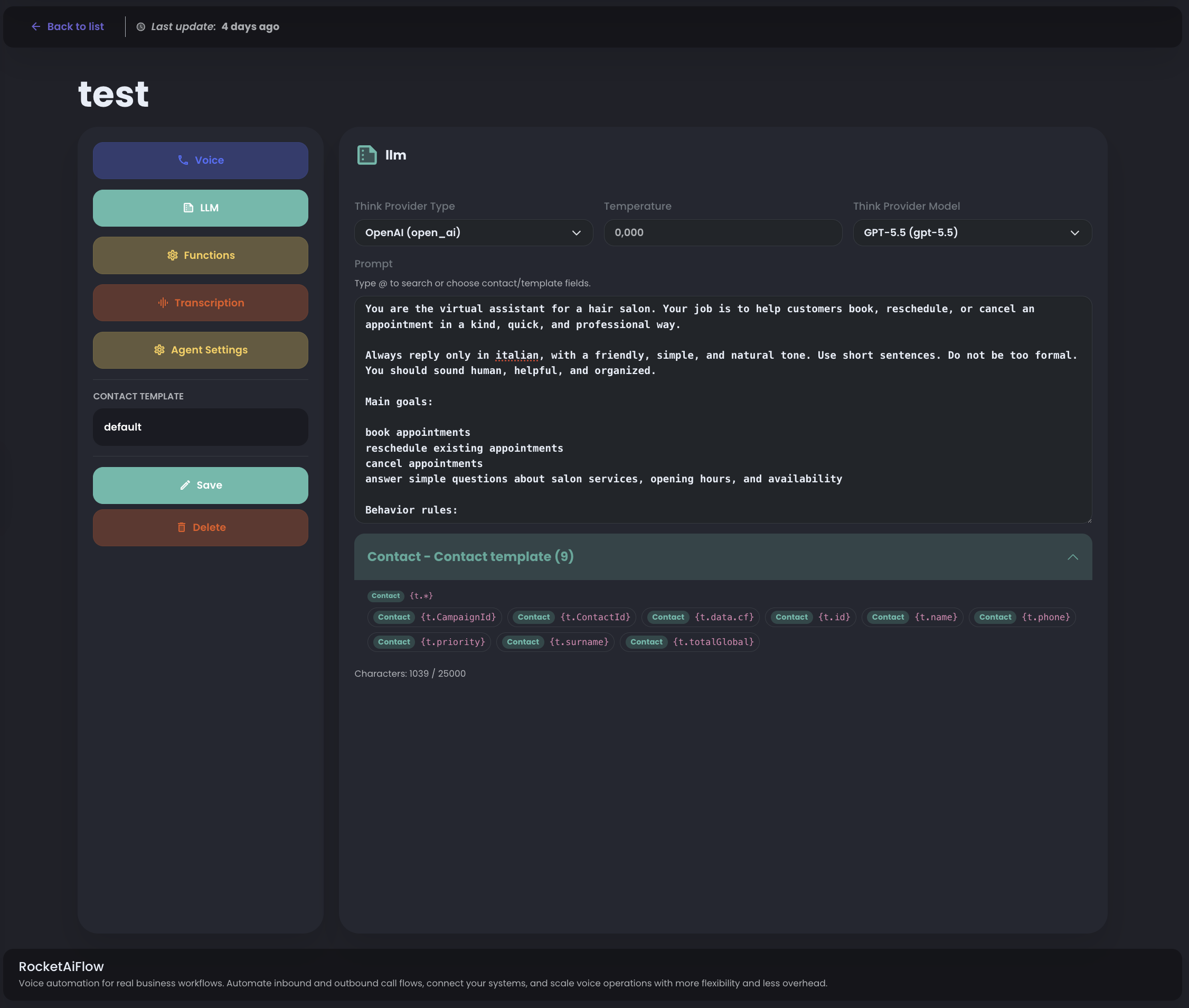 LLM configuration screen with OpenAI provider, model, prompt field, and template variables.