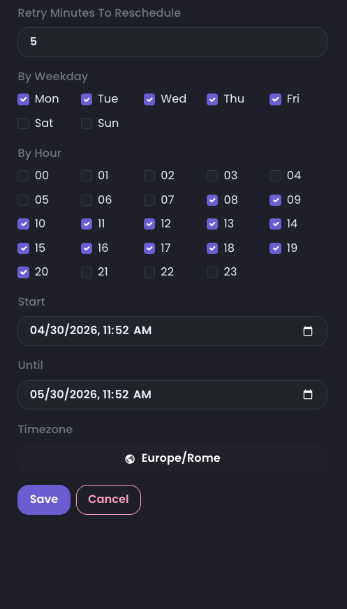 Outbound campaign schedule settings showing retry minutes, weekdays, hours, start date, until date, timezone, and save action.