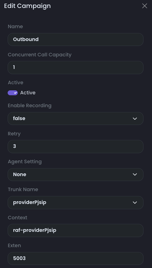 Outbound campaign settings showing trunk name, context, and exten fields for a providerPjsip campaign.