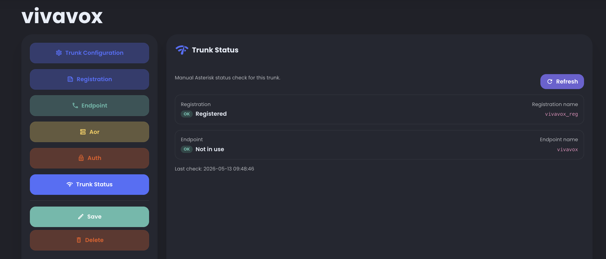 Trunk Status screen showing registration Registered and endpoint Not in use.